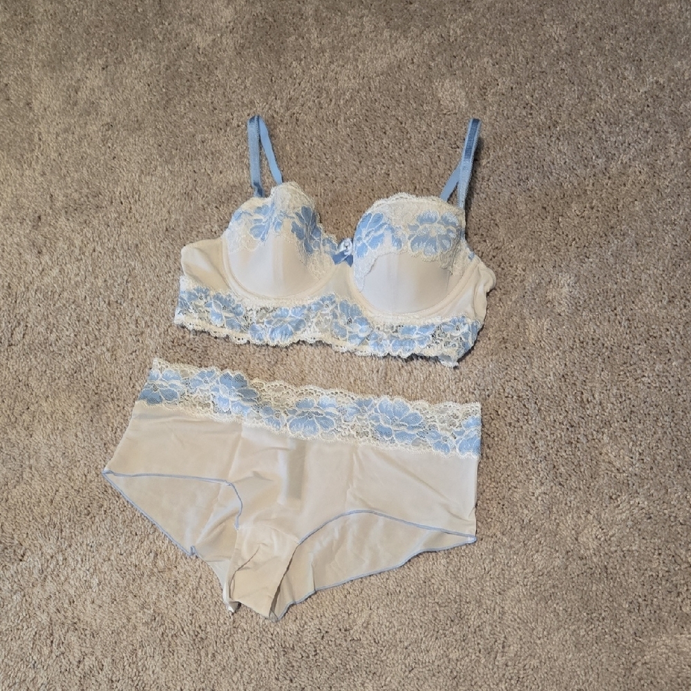 Adore Me Blue and White Lace Bra
